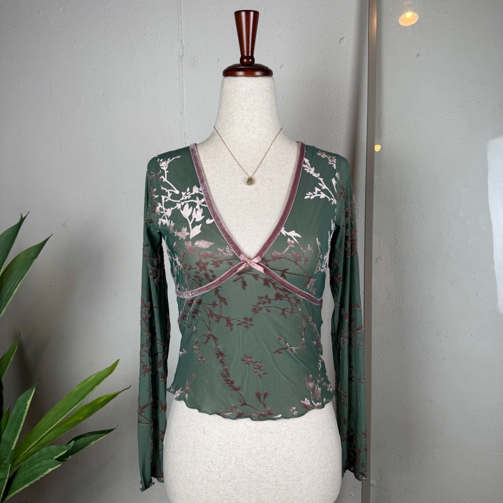 Fairy Grunge Y2K Feminine Velvet Floral Burnout Thirty Thirty LA Mesh Top Small